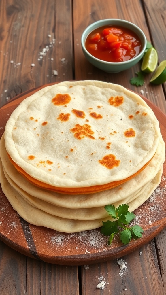 Freshly made tortillas stacked on a wooden table with salsa and fresh ingredients.